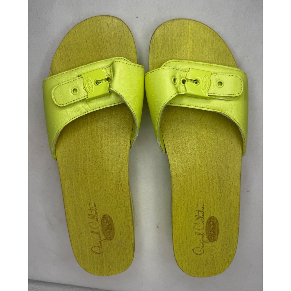 Dr. Scholl's Original Sandals Women 9 Neon Lime Green Leather Wood Clog Boho Y2K